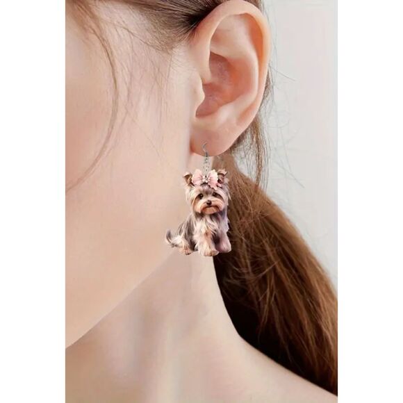 New Handcrafted Women's Cute Yorkshire Terrier Dog Dangle Earrings - Picture 2 of 5